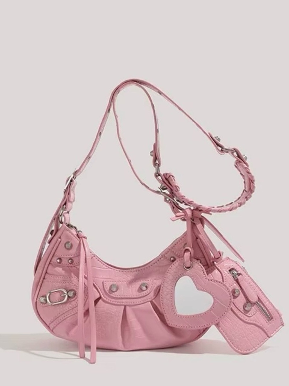 Pink Shoulder Bag with Heart Charm and Silver Hardware